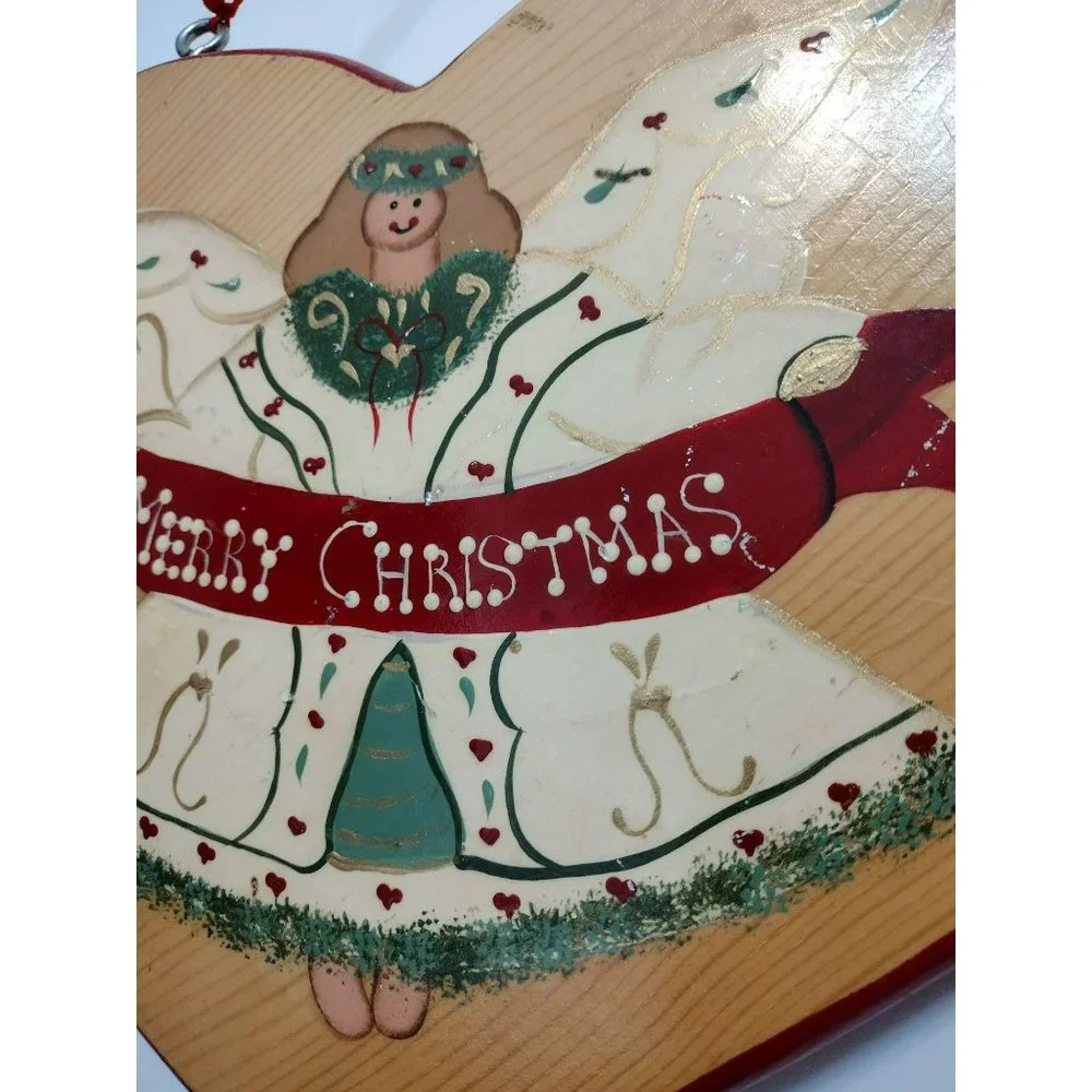 Vintage Christmas Heart-Shape Wood Sign Holiday Angel Hand Painted Mexico 1995